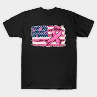 American Flag Pink Ribbon Leopard Breast Cancer Awarenes T-Shirt
